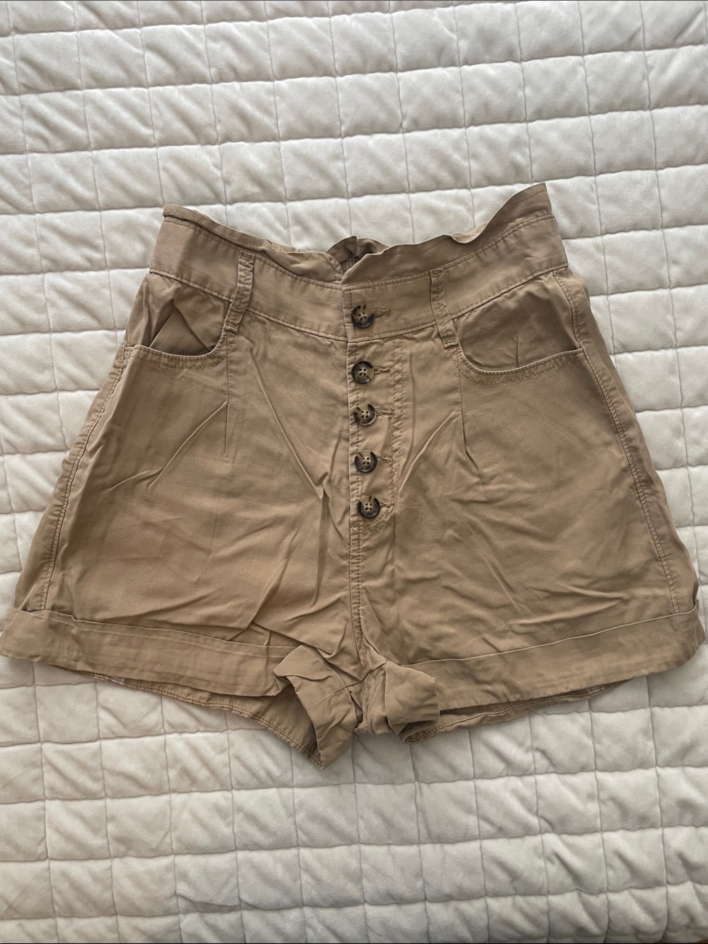 Express High-Waist Button-Front Shorts in Tan